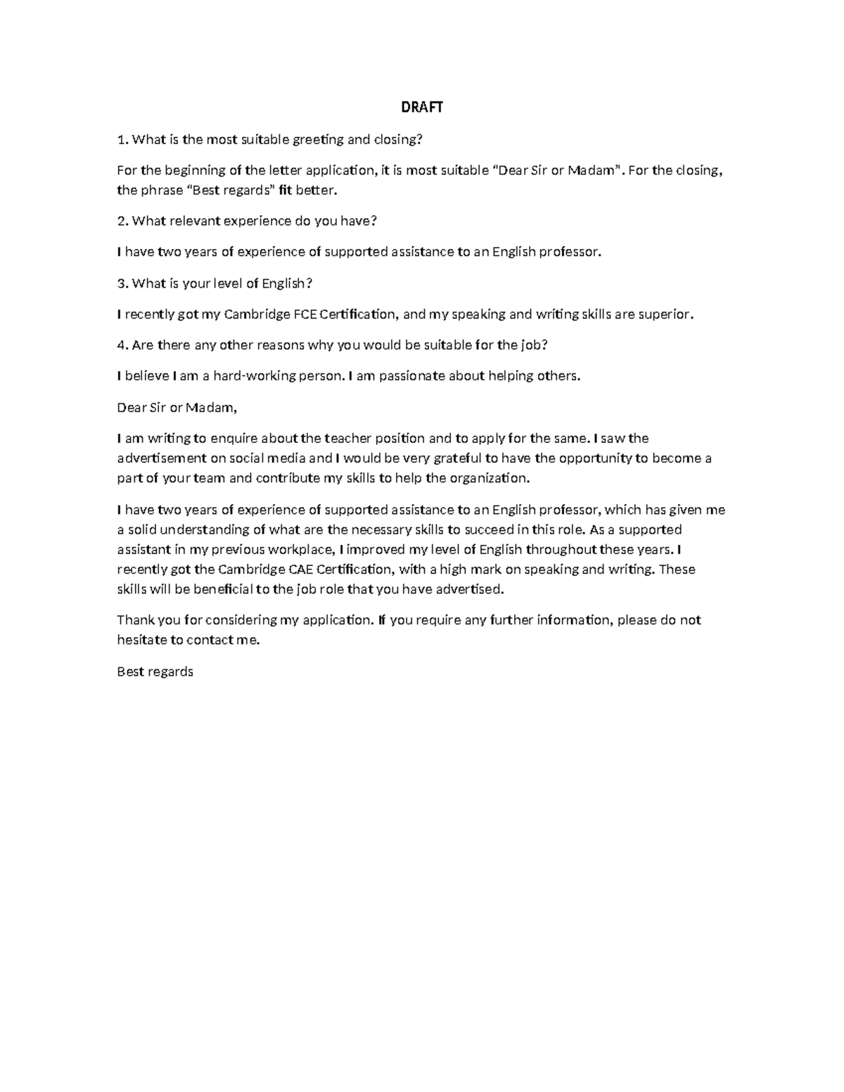 Writing draft DRAFT What is the most suitable greeting and closing