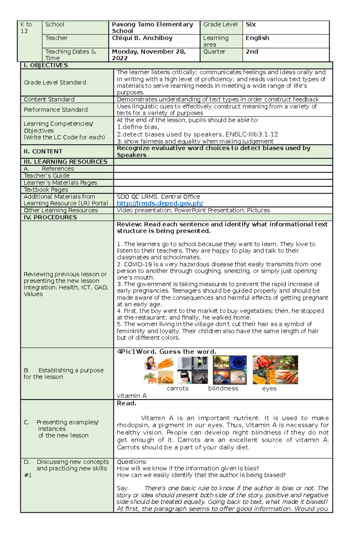 DLP E6 Q2 W4 DAY1 BIAS - Lesson Plan - K To 12 School Pasong Tamo ...