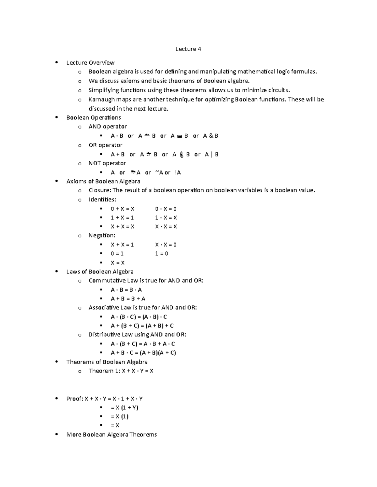 Lecture 4 - Lecture 4 Lecture Overview o Boolean algebra is used for ...