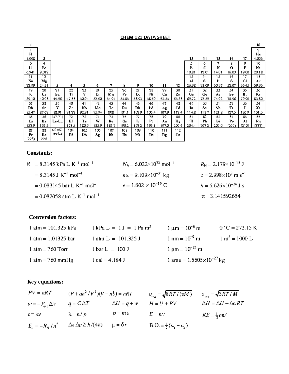 Chem 120- Data sheet and periodic table - 1 18 1 H 1. 2 13 14 15 16 17 ...