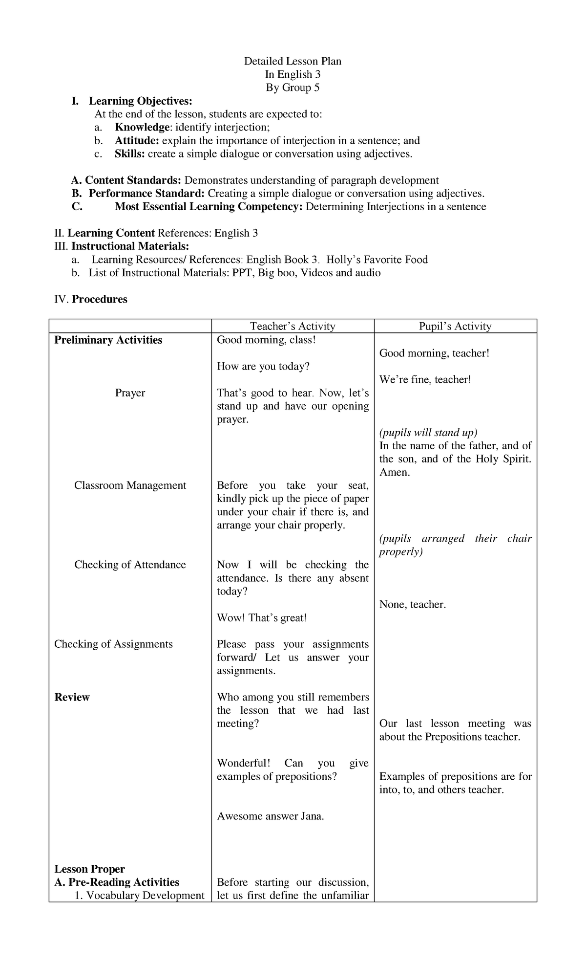 Lesson Plan on Interjections using Link Approach - Detailed Lesson Plan ...