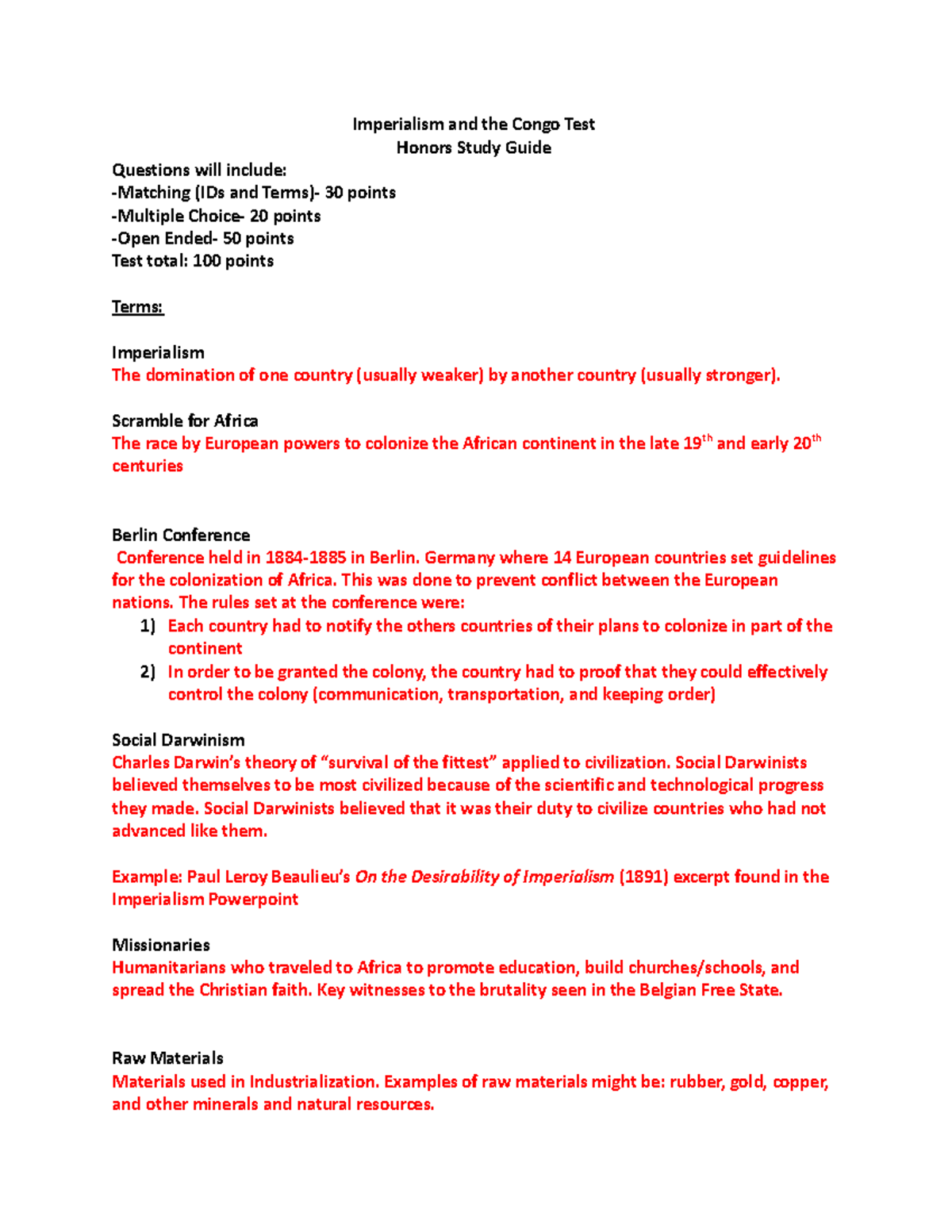 Imperialism and the Congo Test Answer Key Imperialism and the Congo