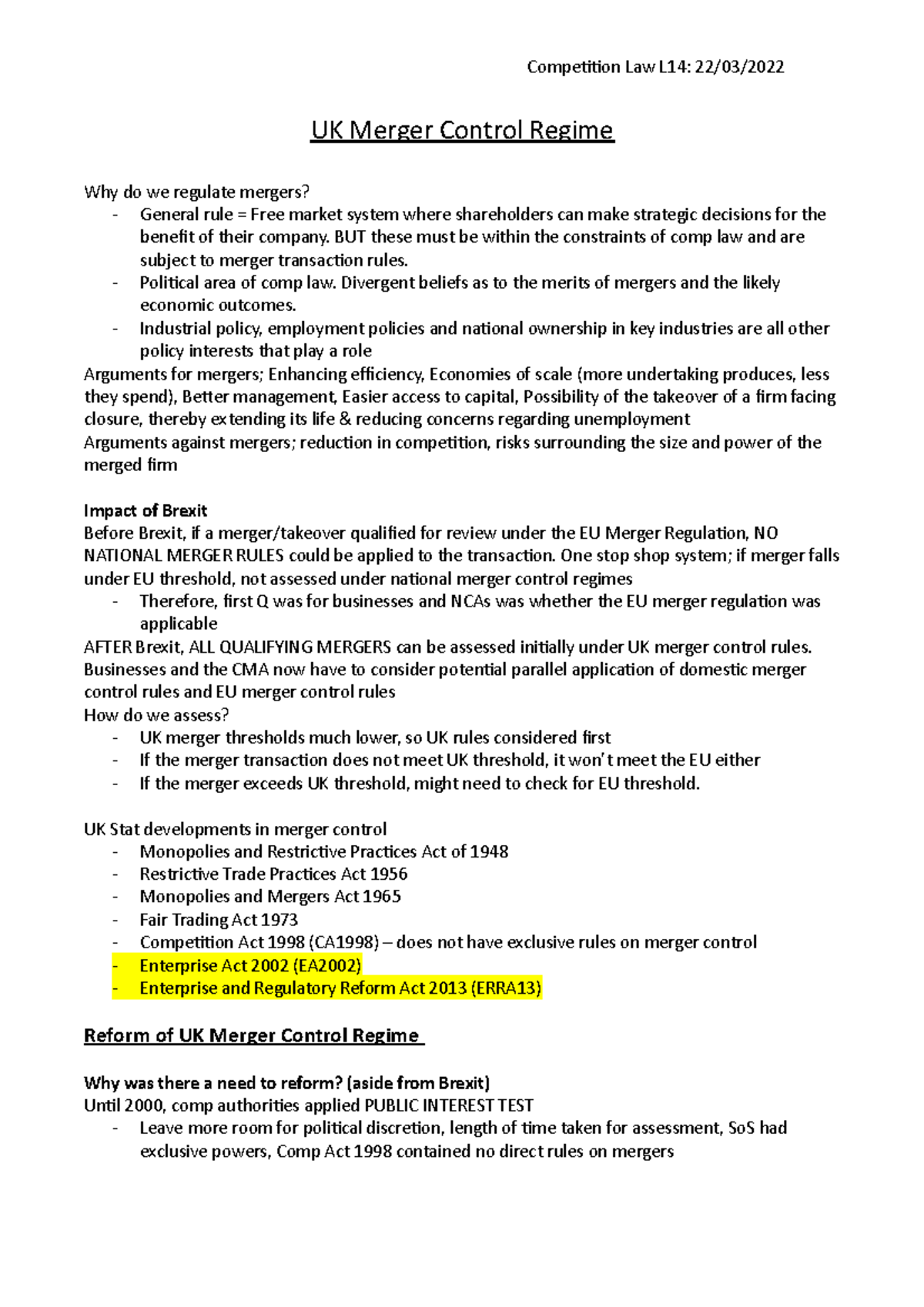 Lecture 14 Uk Merger Control Regime Uk Merger Control Regime Why Do