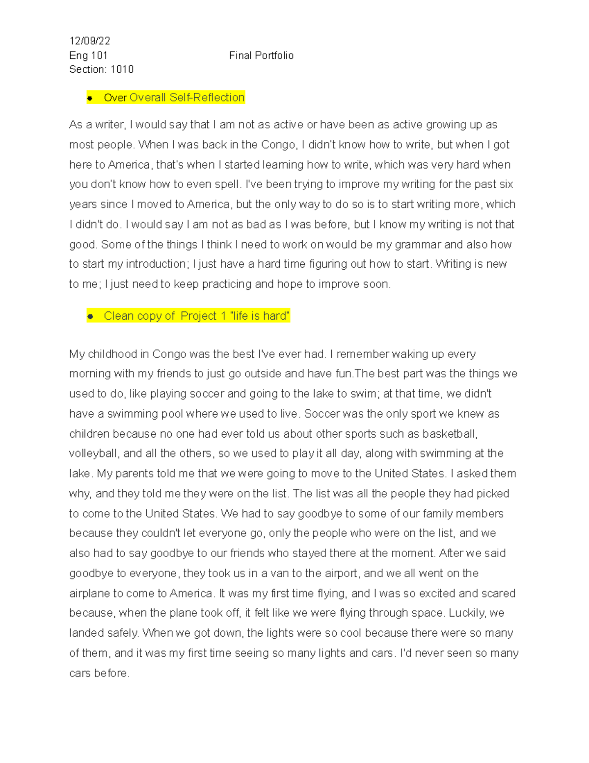 Final Portfolio Ms crvara Eng 101 Final Portfolio Section 1010 Over Overall SelfReflection