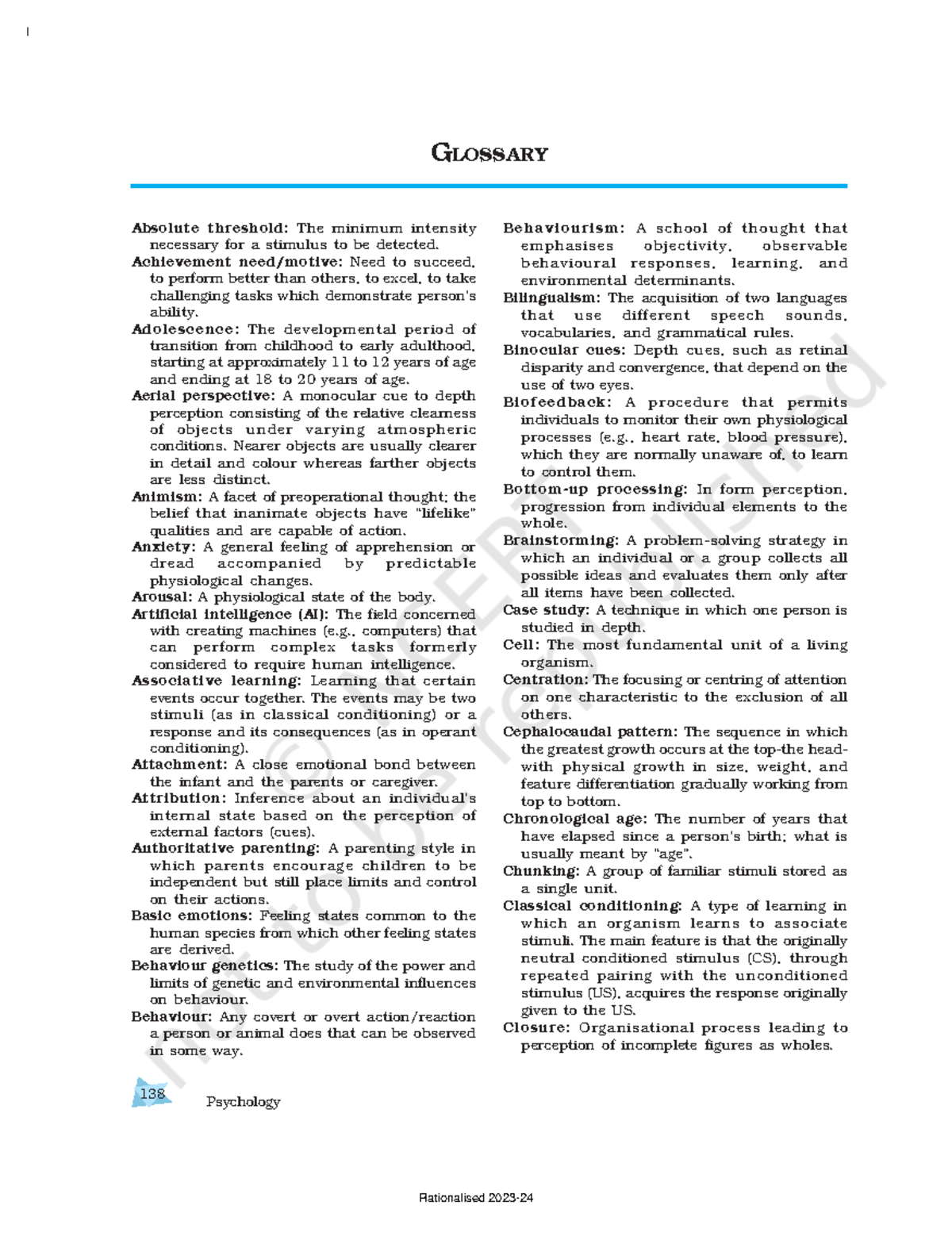 Kepy1gl Basic terms 138 Psychology Absolute threshold The minimum