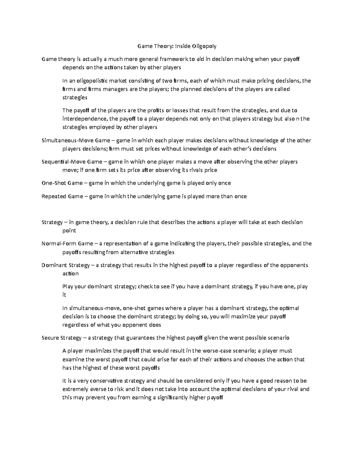 Chapter 10 - Game Theory: Inside Oligopoly Game theory is actually a ...