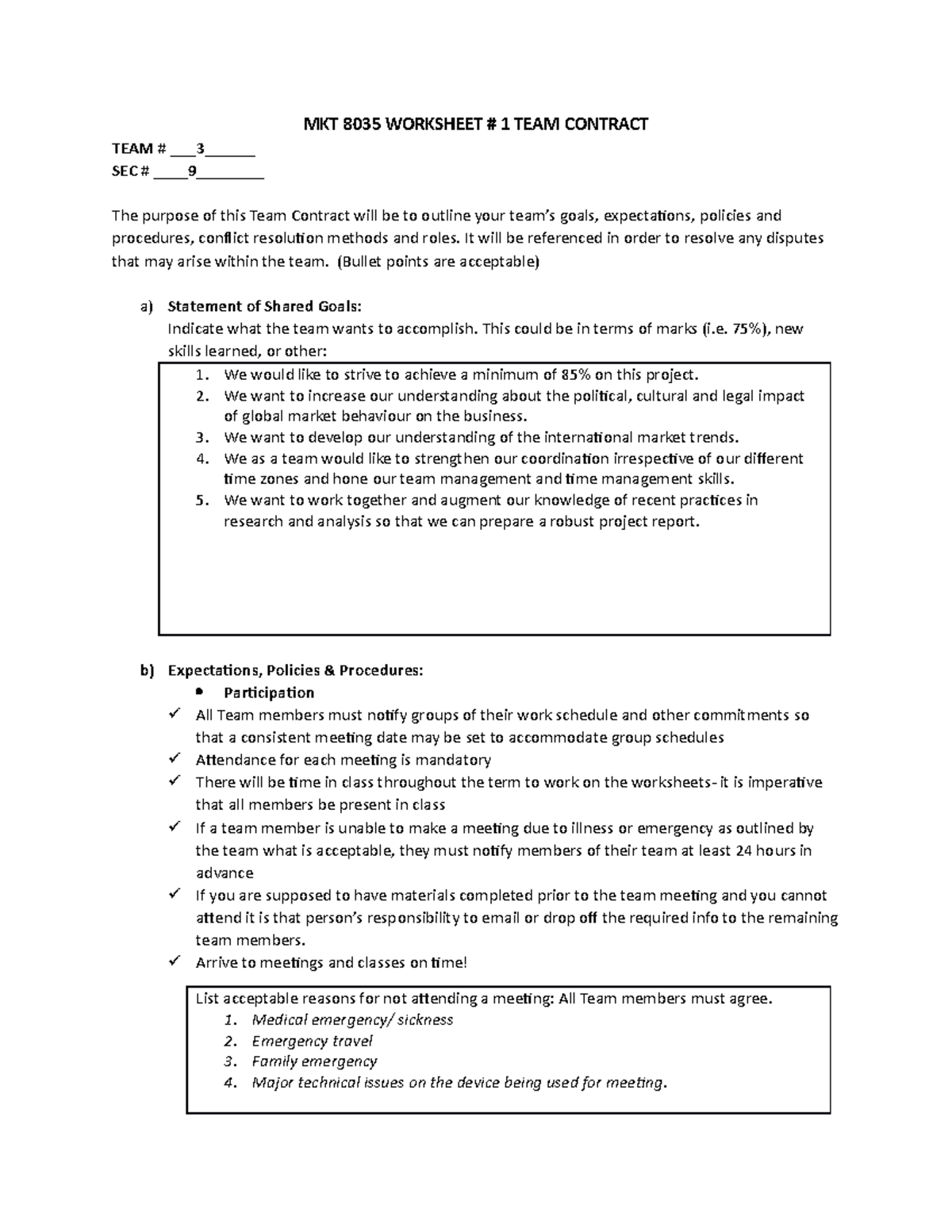 Team Contract- Team 3 - Weekly assignments - MKT 8035 WORKSHEET # 1 ...