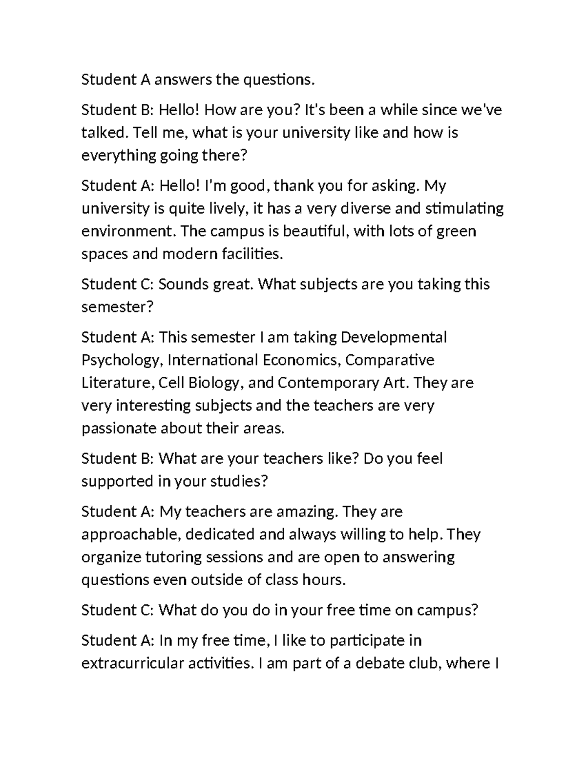 Ingles TA2 - AWDAWD - Student A answers the questions. Student B: Hello ...