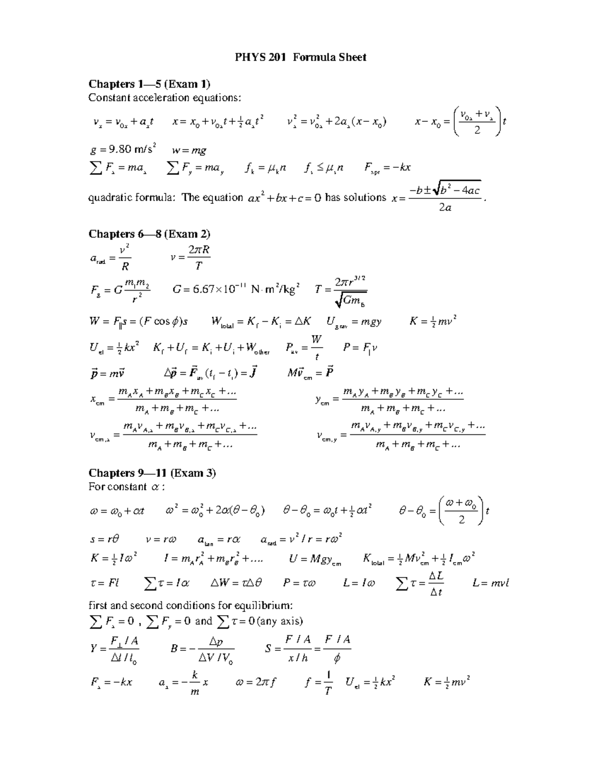 Final Formula Sheet - PHYS 201 Formula Sheet Chapters 1—5 (Exam 1 ...