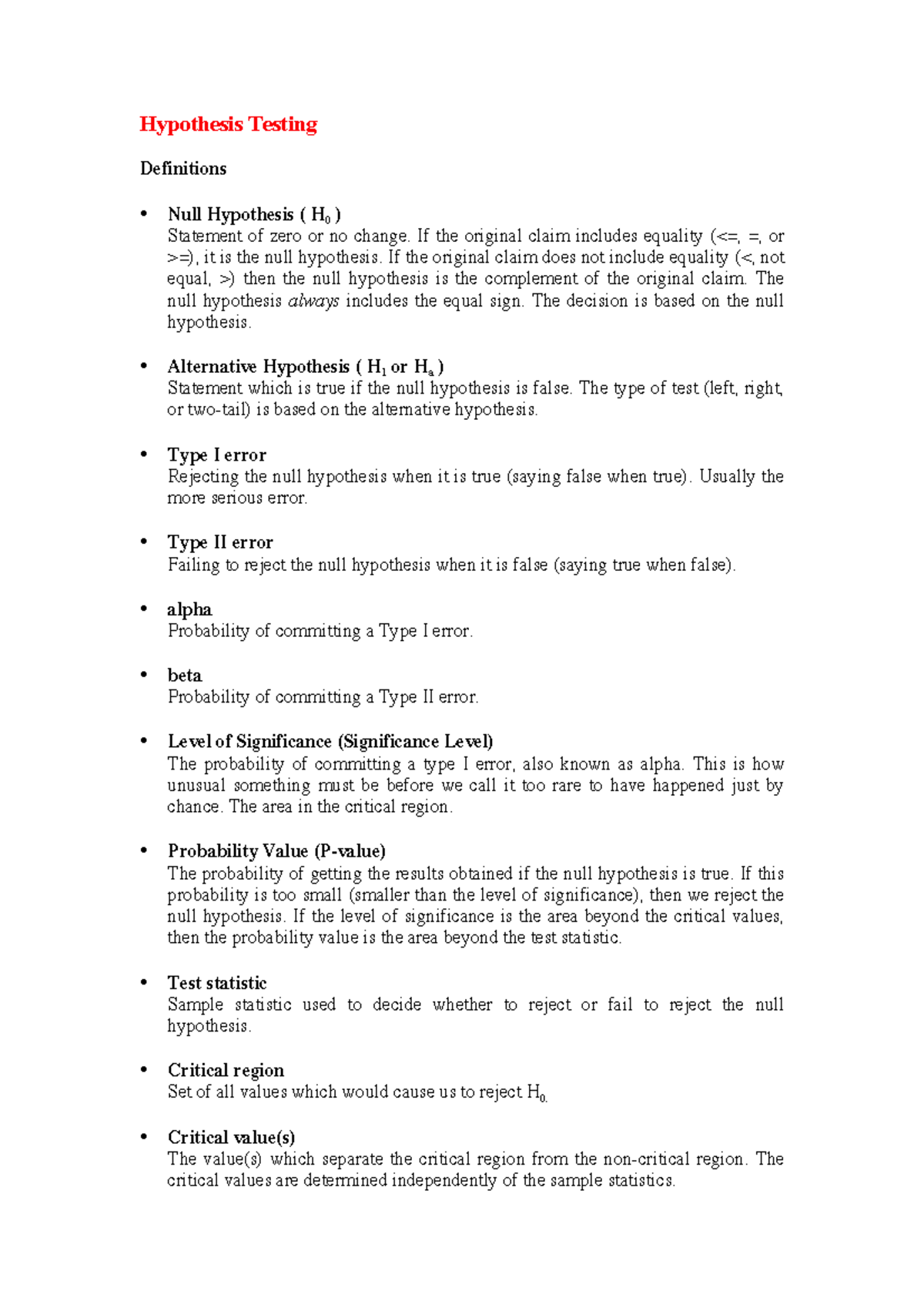 Terms Hypothesis Testing Hypothesis Testing Definitions Null