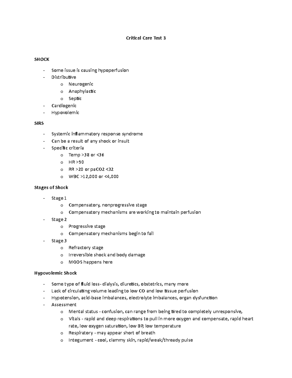 CC Exam 3 notes - shock and chest tubes - Critical Care Test 3 SHOCK ...