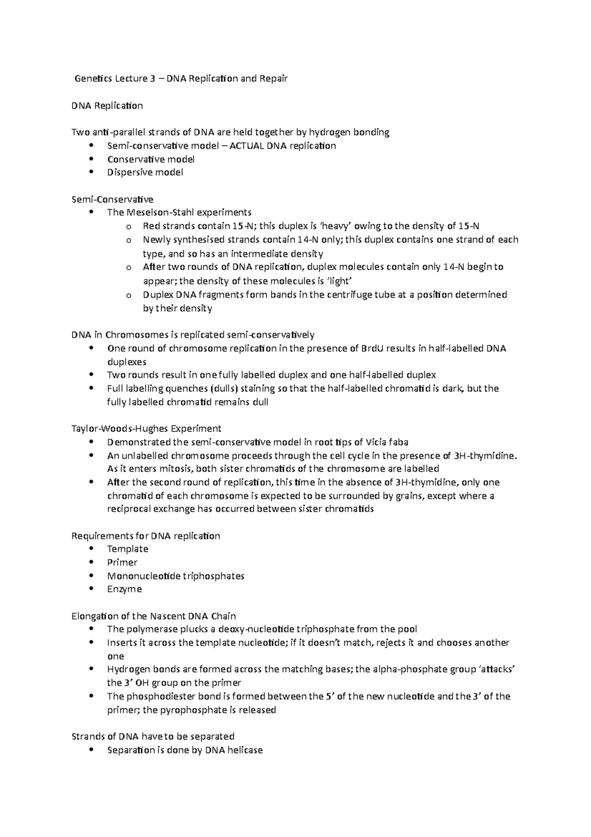 Lecture 3 Notes - DNA Replication and Repair - Genetics Lecture 3 – DNA ...