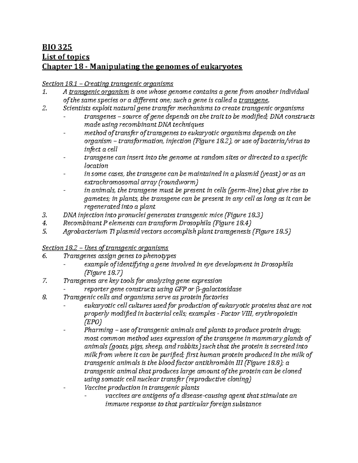 Chapter 18 - BIO 325 List of topics Chapter 18 - Manipulating the ...