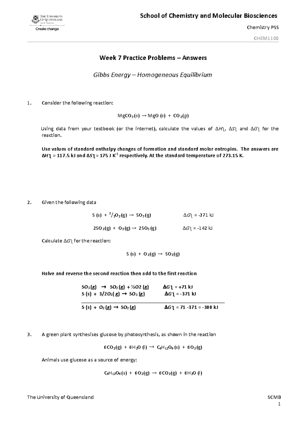 CHEM1100 Week 7 PSS Worksheet - Answers - Chemistry PSS CHEM Week 7 ...