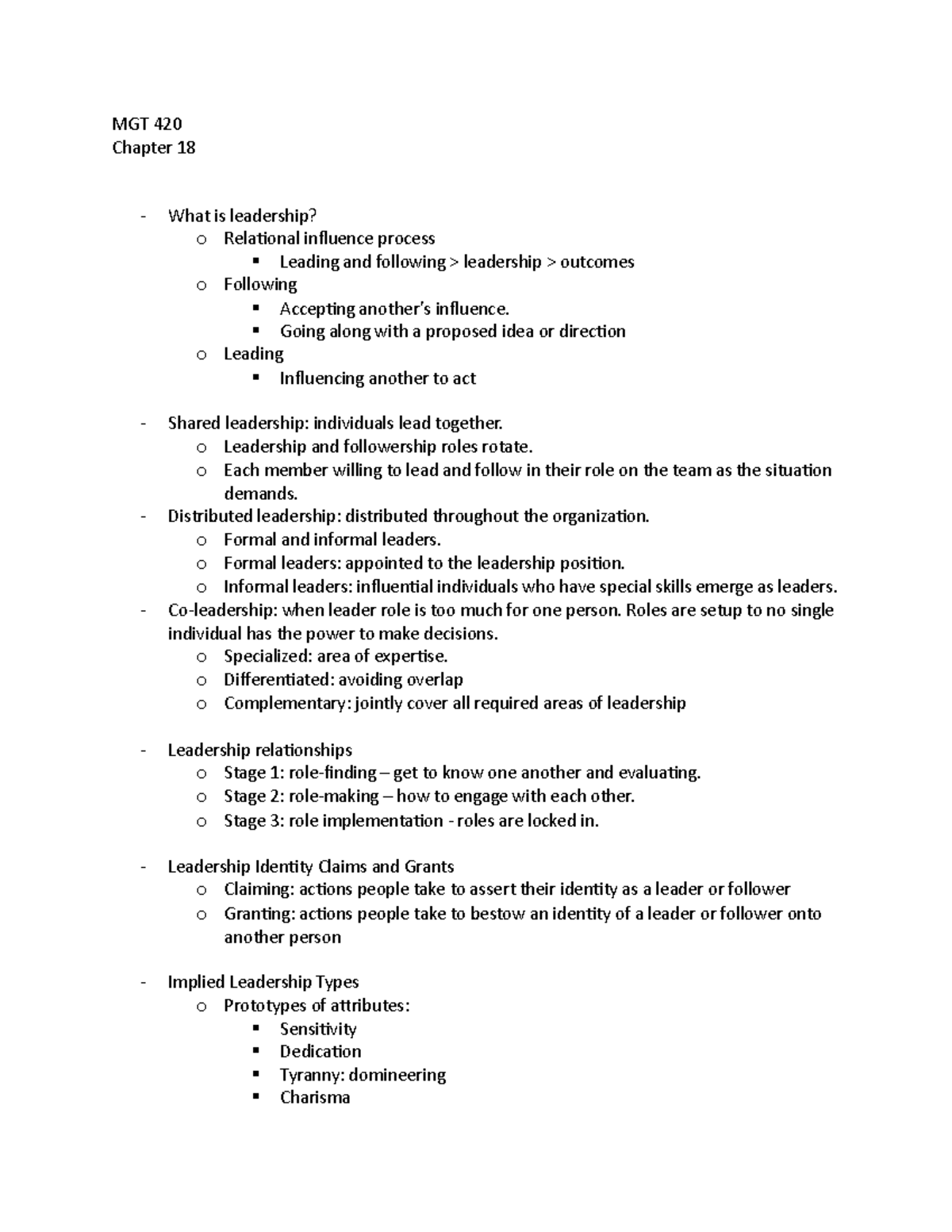 MGT 420 Notes - very detailed - MGT 420 Chapter 18 What is leadership ...