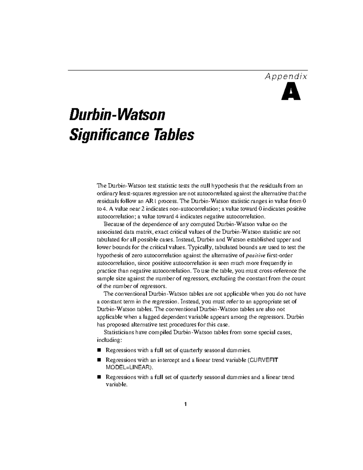 Durbin Watson tables - 1 A p p e n d i x A Durbin-Watson Significance ...