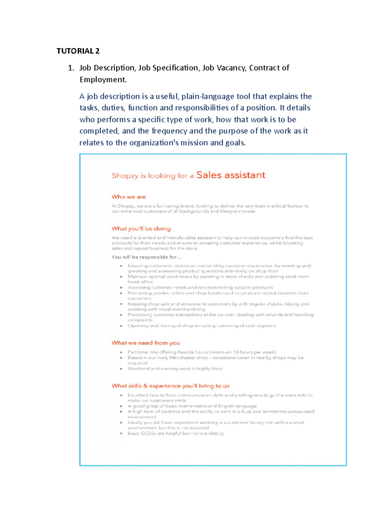 T2 TUTORIAL 2 Job Description, Job Specification, Job Vacancy