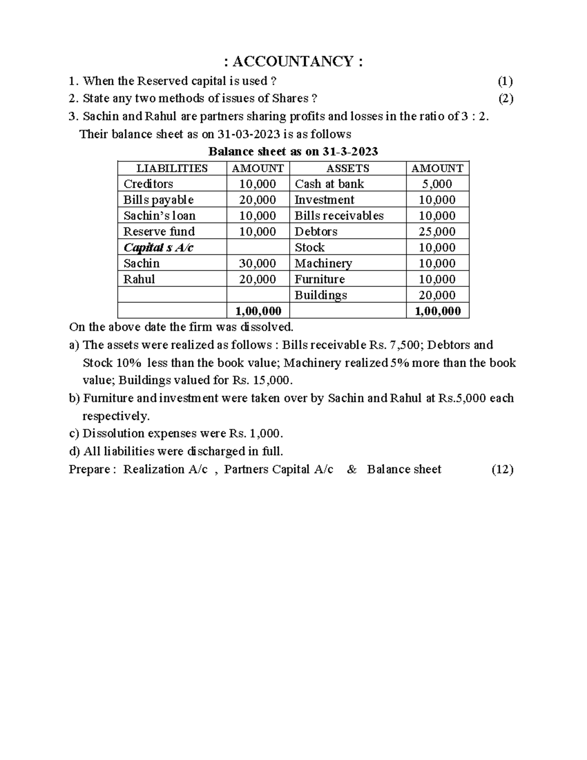 Accountancy WT -4 - note - : ACCOUNTANCY : 1. When the Reserved capital ...