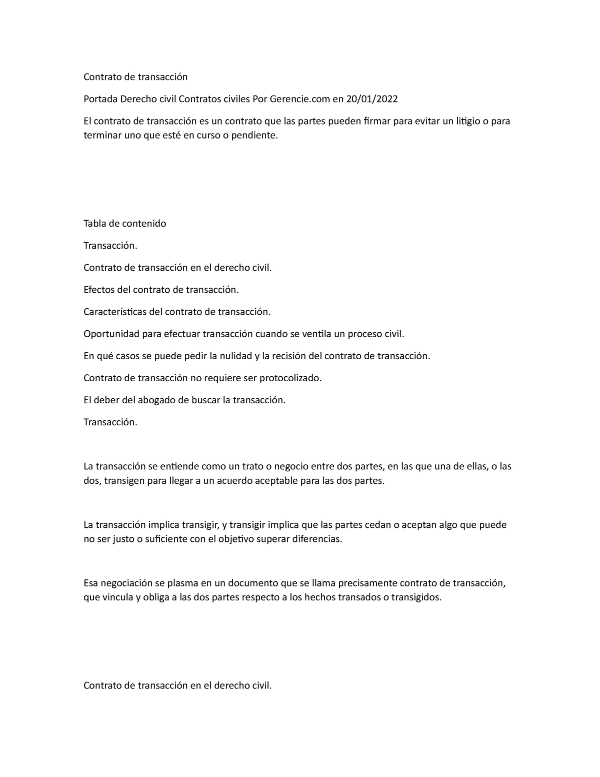 Contrato De Transacción Tabla De Contenido Transacción Contrato De Transacción En El Derecho 1681