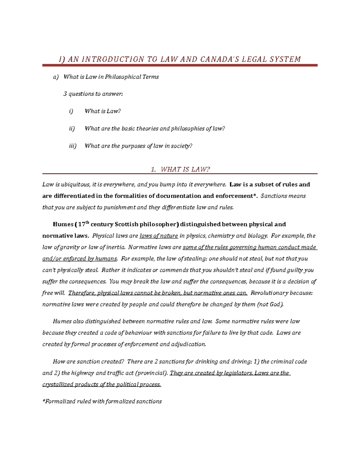 Comm Law Midterm Notes - I) AN INTRODUCTION TO LAW AND CANADA’S LEGAL ...