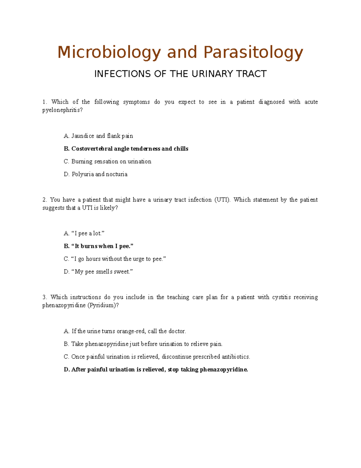 Urinary Tract 3 test questions Microbiology and Parasitology