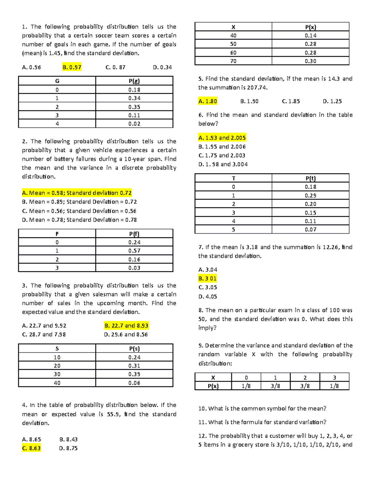 Stats-questions - The Following Probability Distribution Tells Us The 