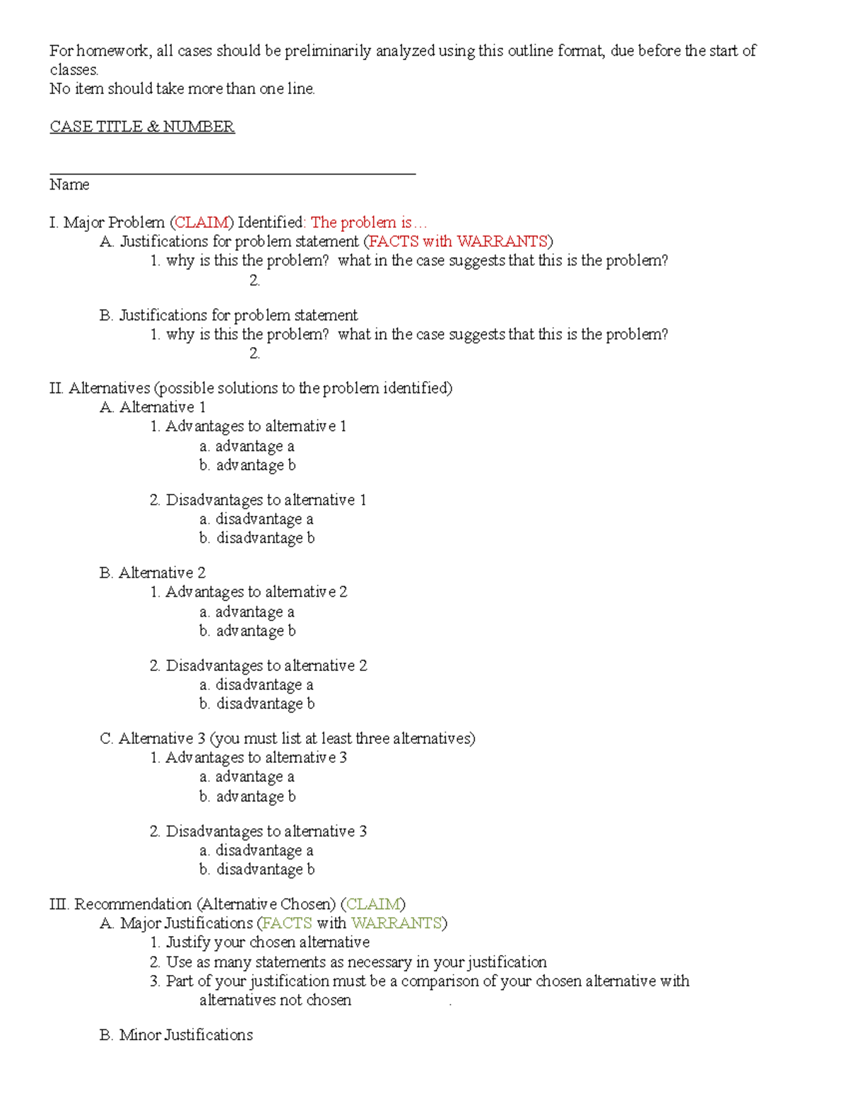 Case Homework Outline - business case template - For homework, all ...