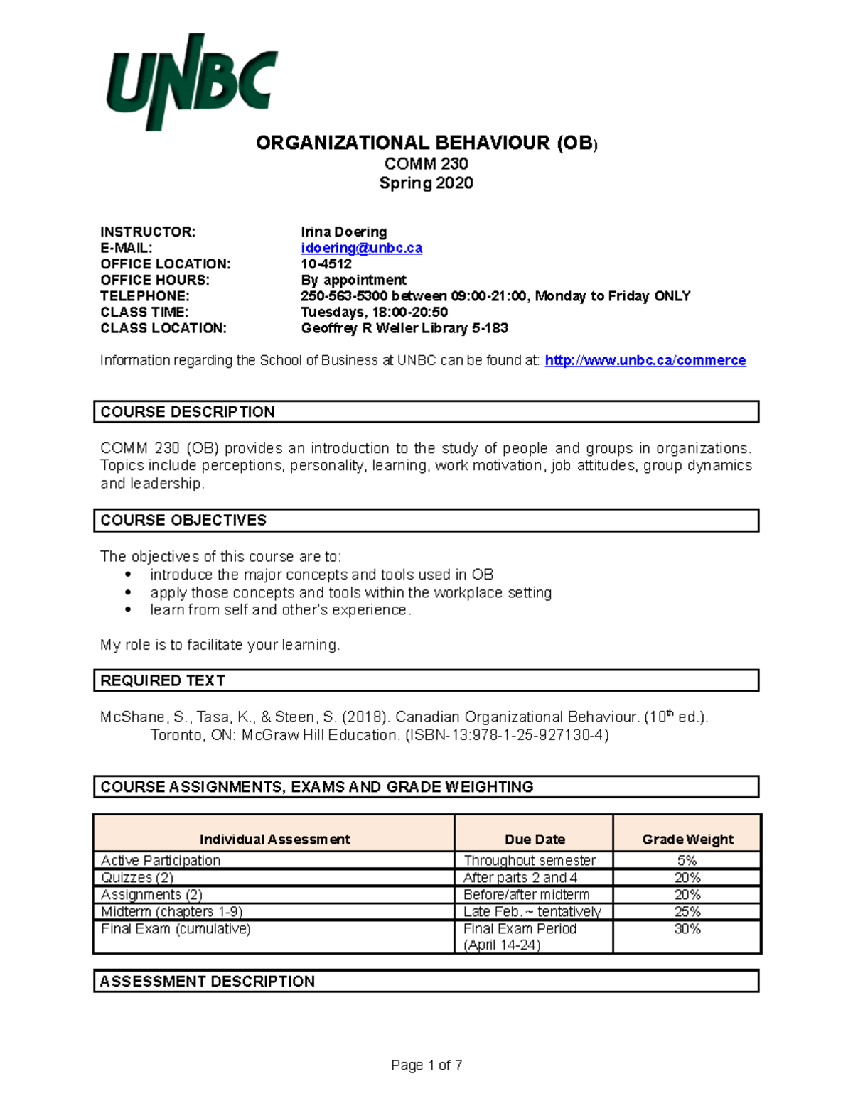 UNBC COMM 230 (OB) Course Outline-Spring 2020 - ORGANIZATIONAL ...