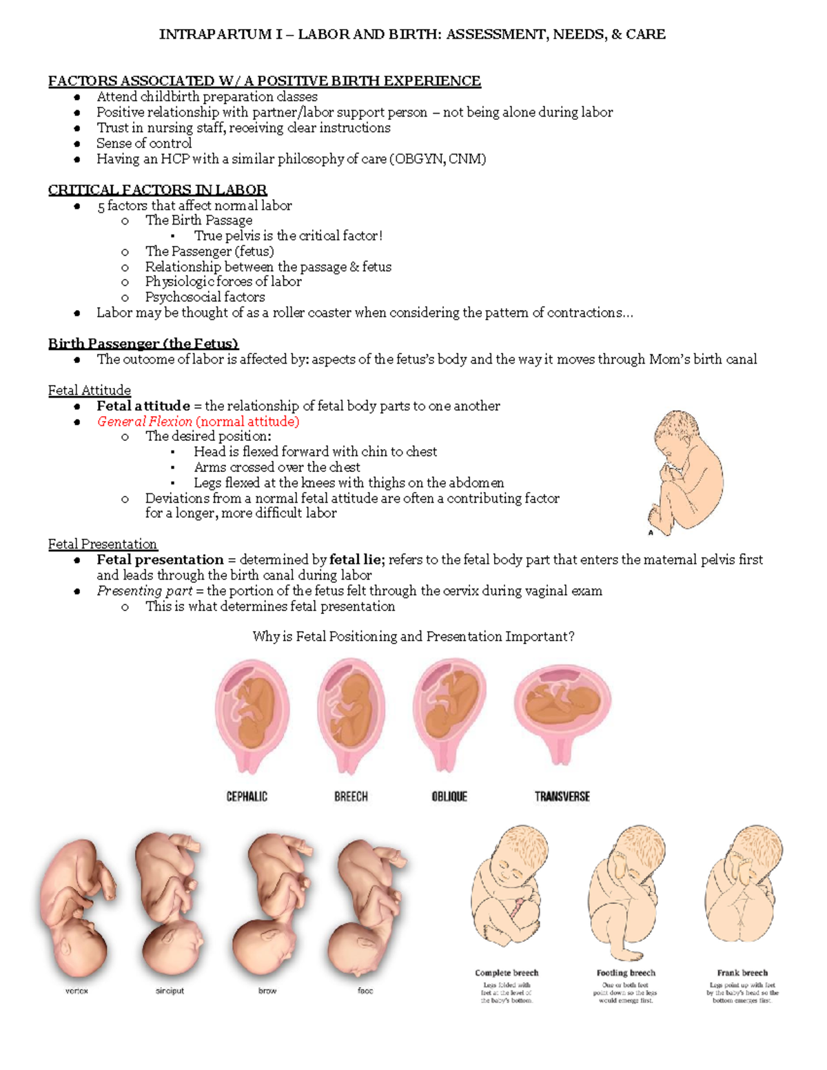 Intrapartum I - INTRAPARTUM I – LABOR AND BIRTH: ASSESSMENT, NEEDS ...