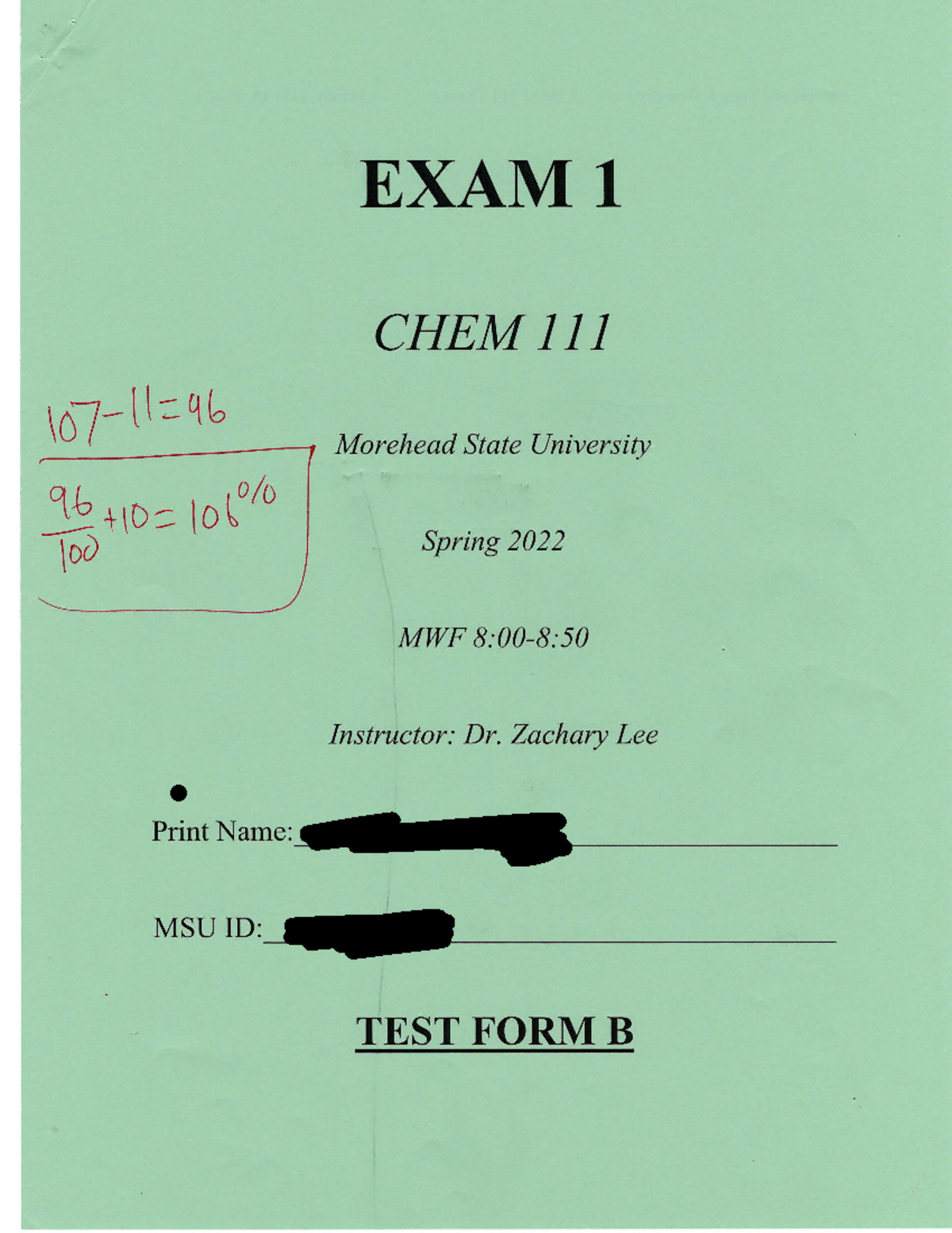 CHEM 111 Lee Exam 1 Spring 2022 EXAM 1 CHEM Morehead State University 96 Too Spring 2022 MWF