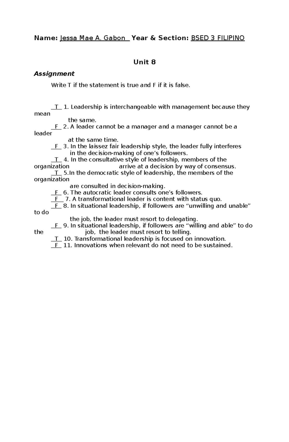 Unit 8 Assignment - wala - Name: Jessa Mae A. Gabon Year & Section ...