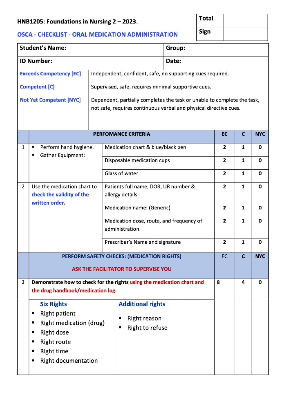 OSCA Checklist - Oral Medication Administration - (HNB1205) Foundations ...