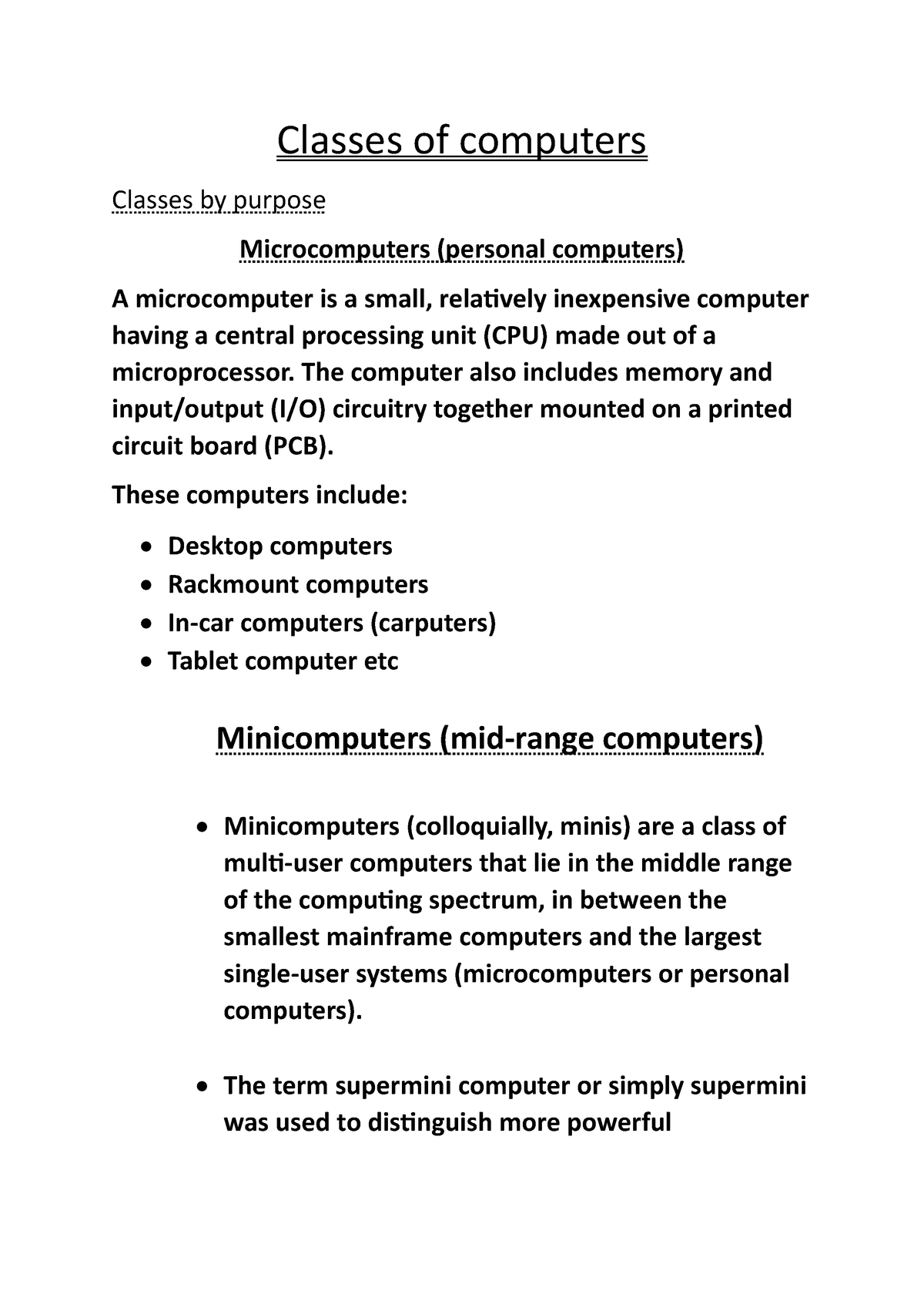 Classes of computers - a small summary - Classes of computers Classes ...