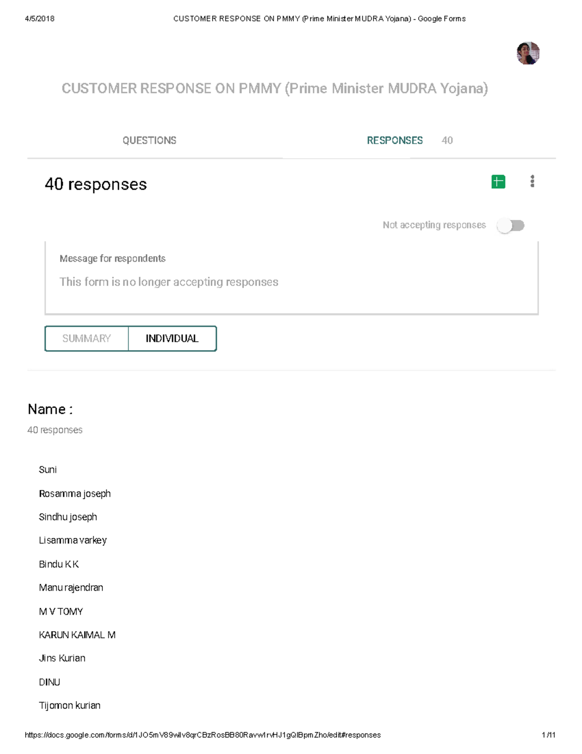 Customer Response ON PMMY (Prime Minister Mudra Yojana) Google Forms