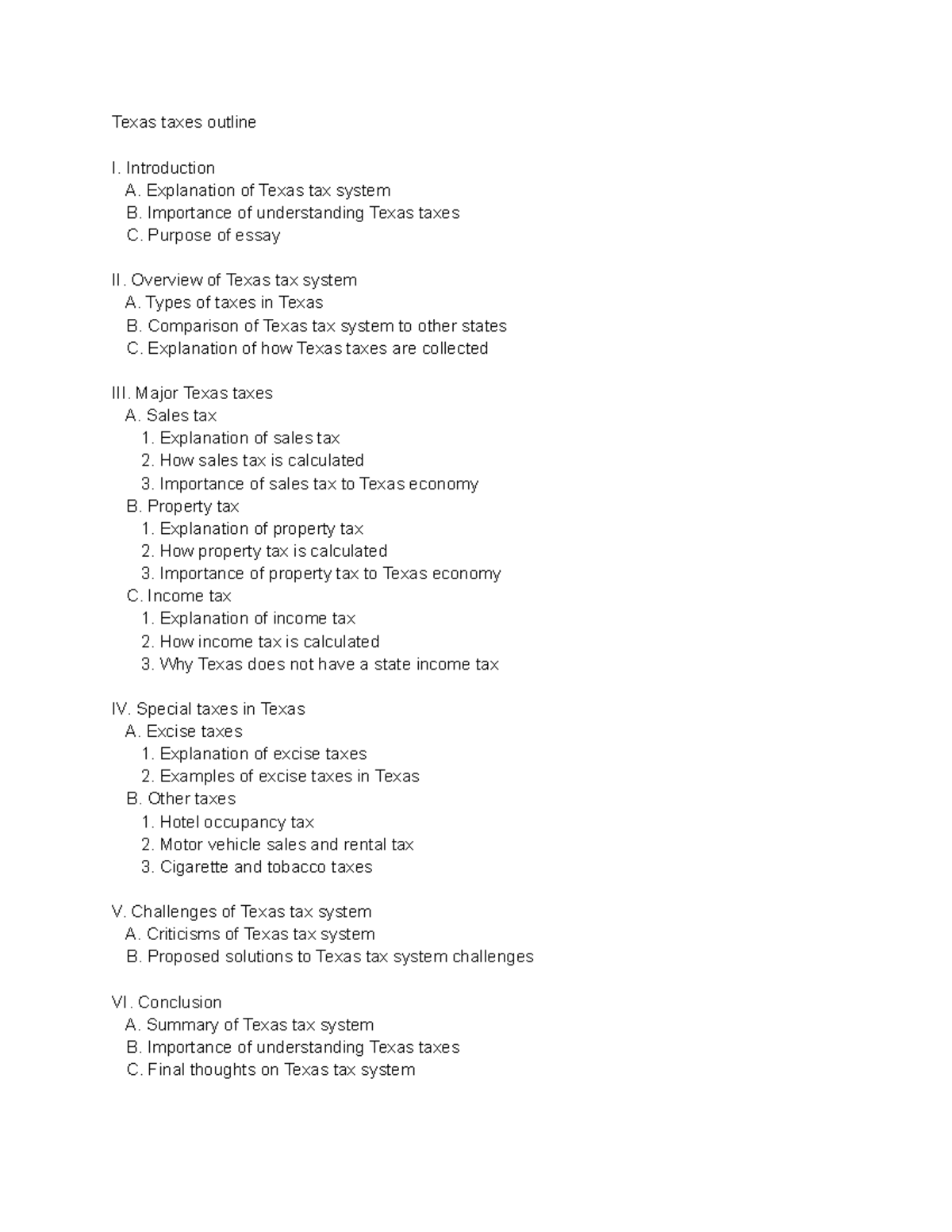 Texas taxes overviwew of rules Texas taxes outline I. Introduction A