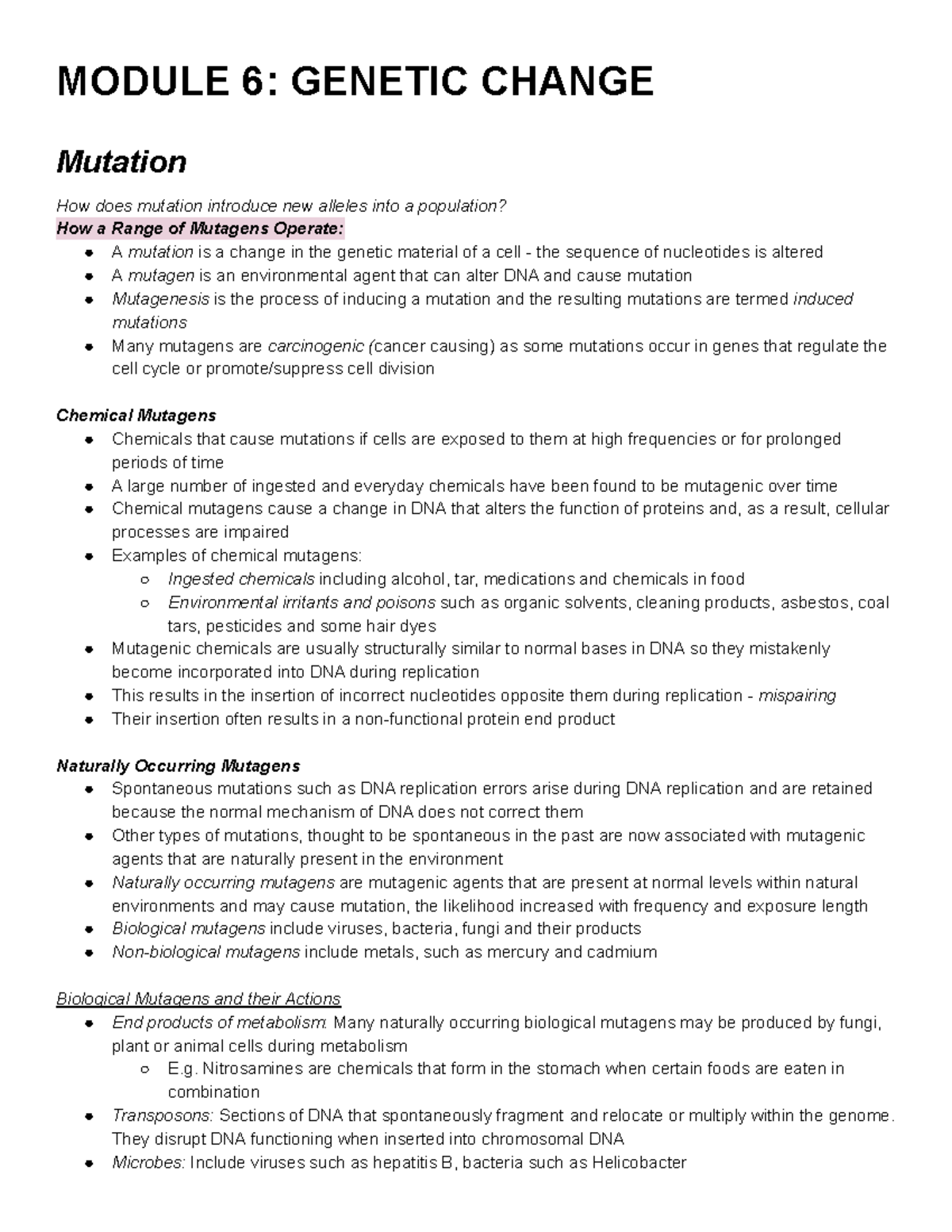 LIV BIO Module 6 Notes gl not minw MODULE 6 CHANGE