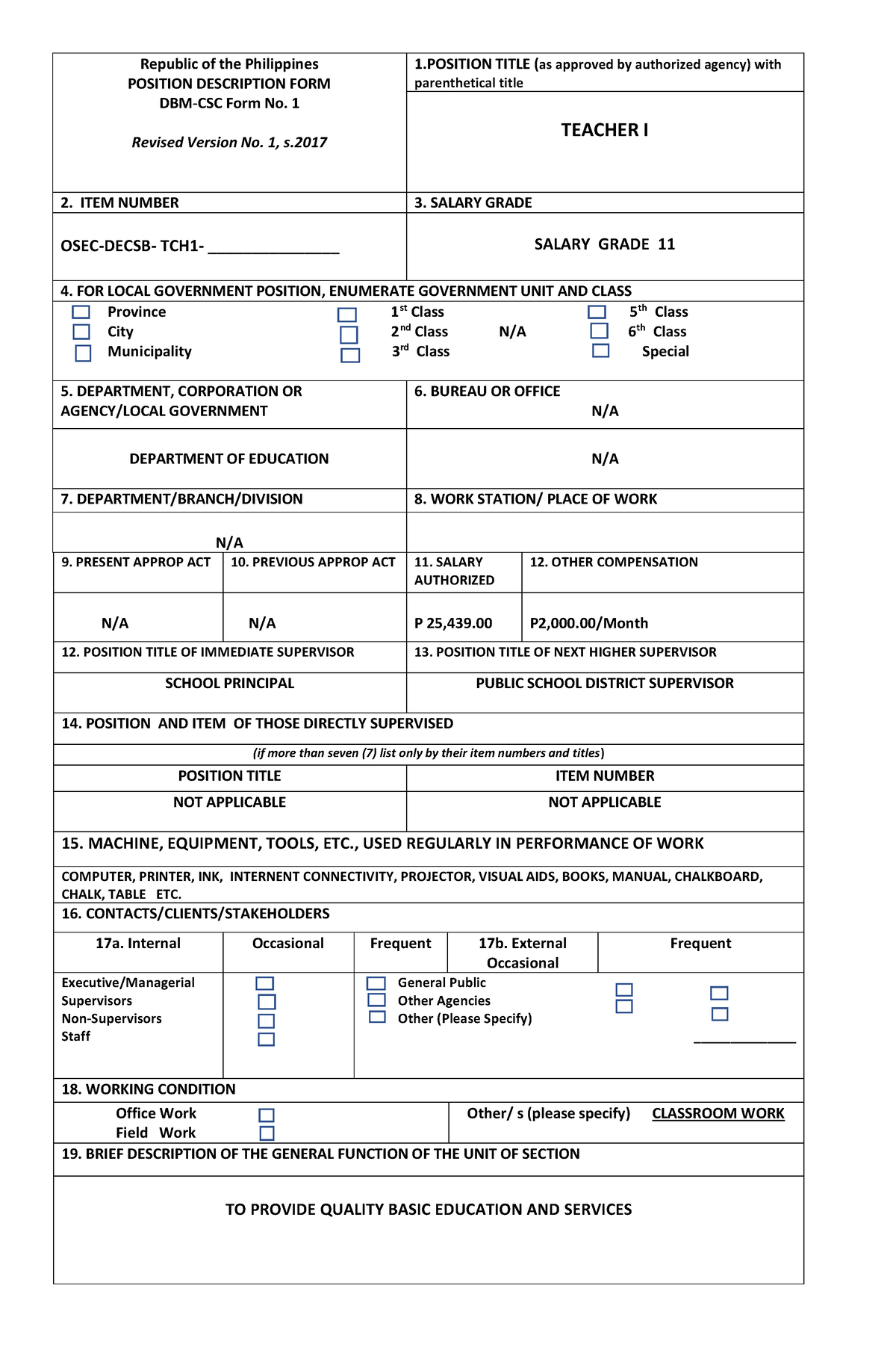 Teacher I Description Form Republic Of The Philippines POSITION 