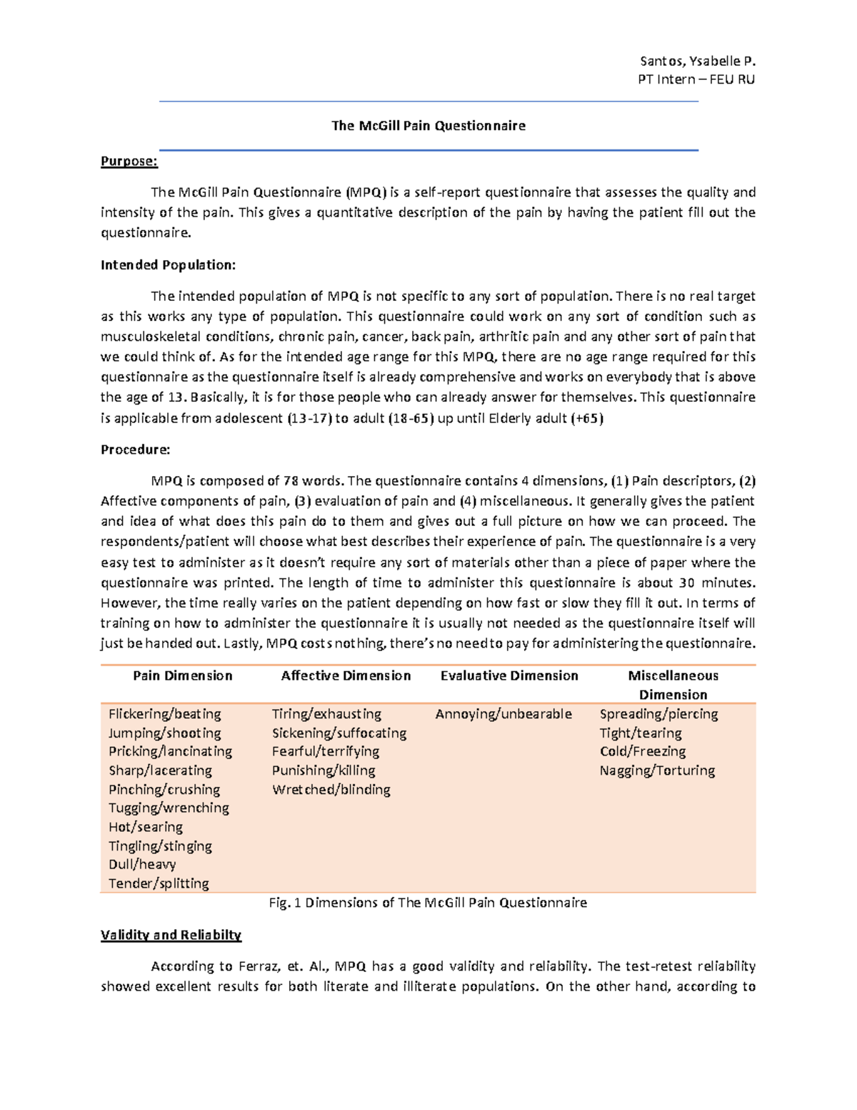 The Mc Gill Pain Questionnaire - PT Intern – FEU RU The McGill Pain ...