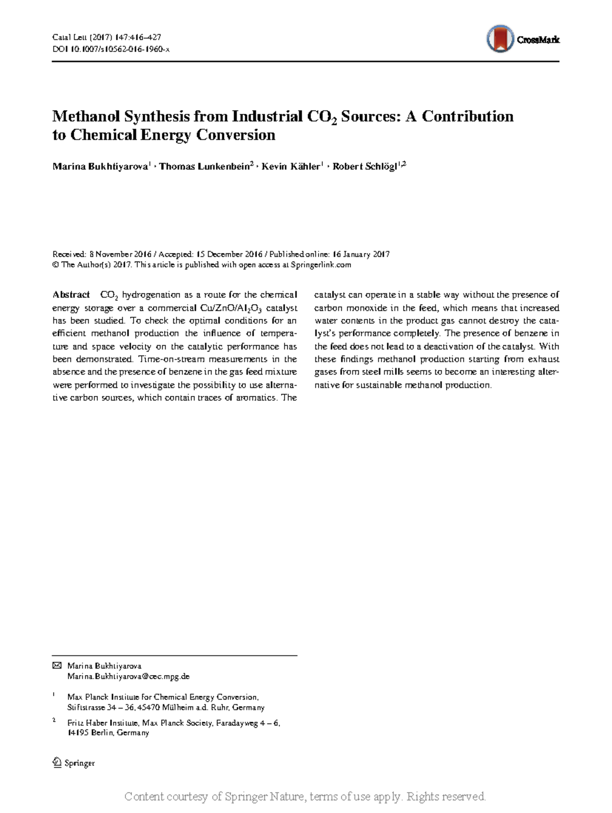 Methanol Synthesis from Industrial CO2 Sources A C - Vol:.(1234567890 ...