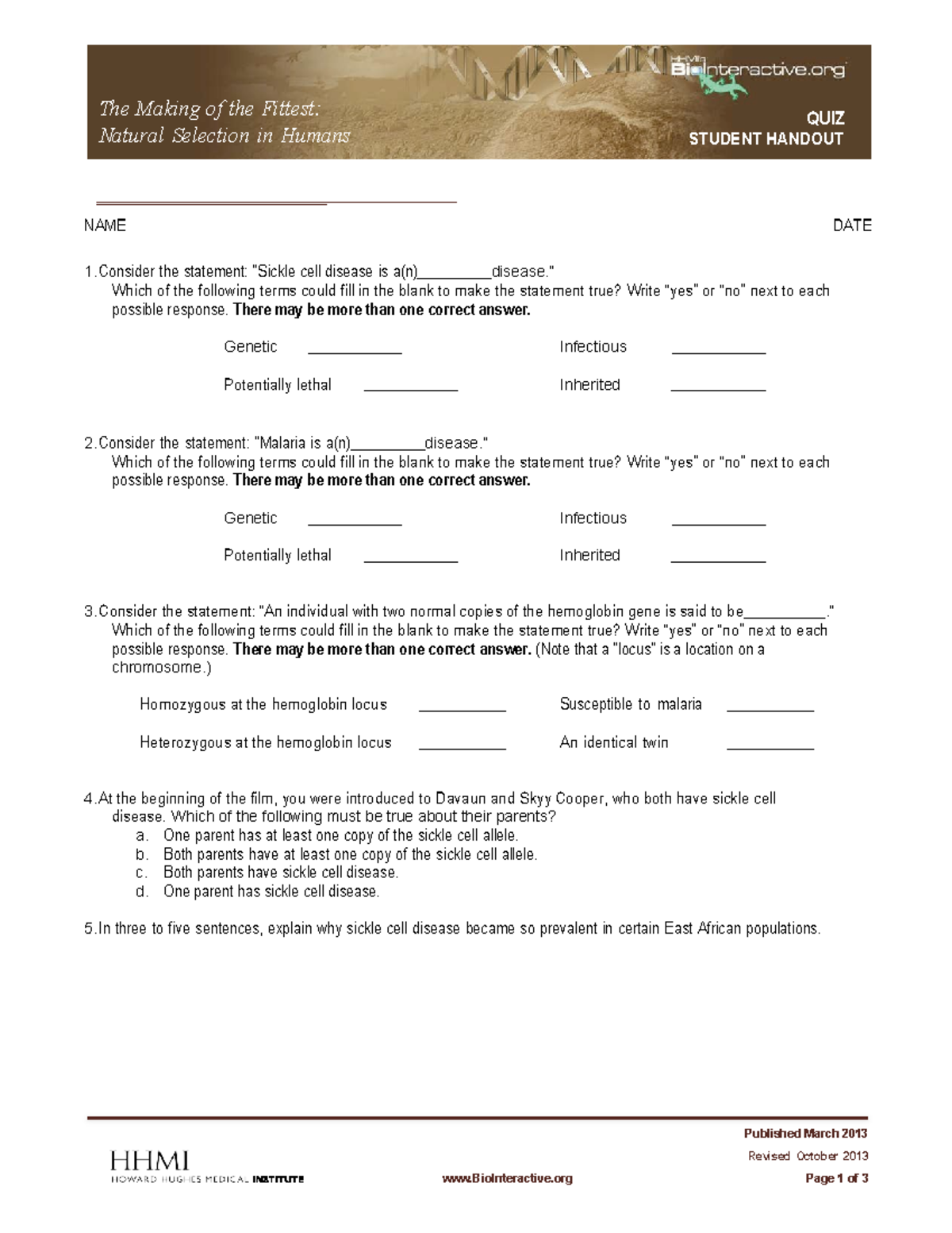 Sickle Cell Movie Worksheet - The Making of the Fittest: Natural ...