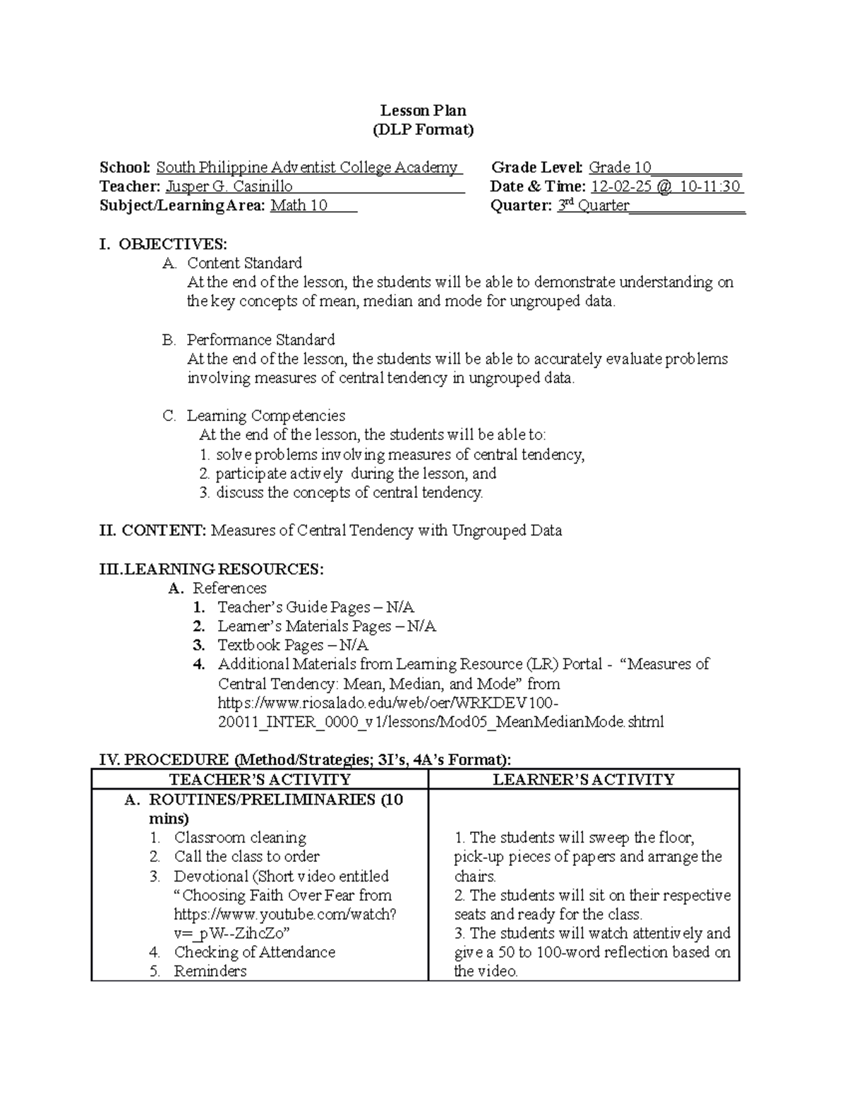 LessonPlan Detailed Lesson PLan Lesson Plan (DLP Format) School