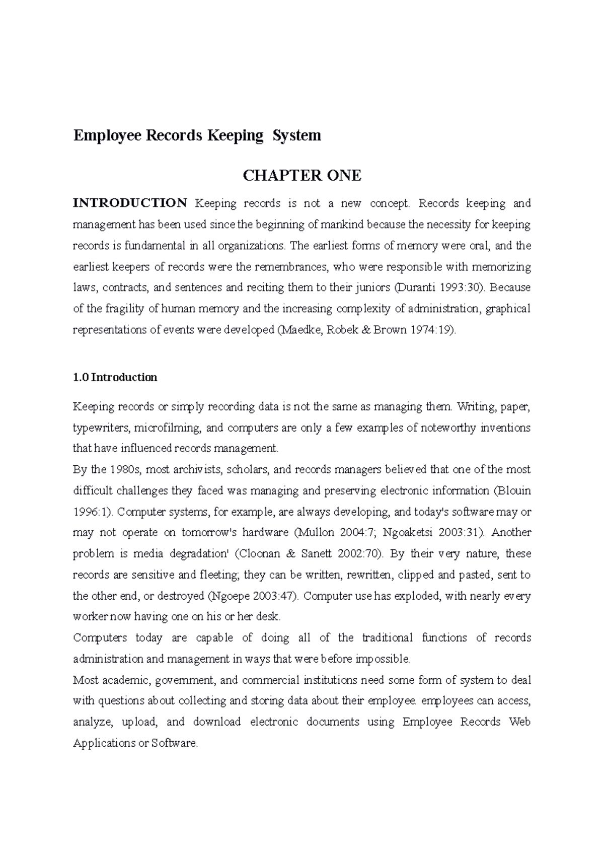 Employee Records System Employee Records Keeping System CHAPTER ONE