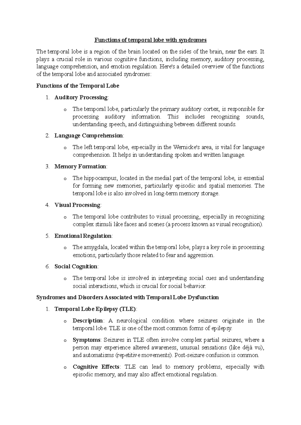 Functions of temporal lobe with syndromes - It plays a crucial role in ...