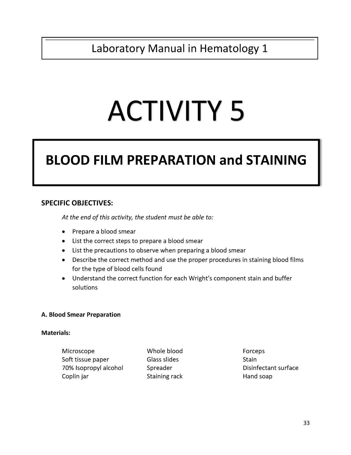 Hema1 LM Activity 5 Blood Film Prep And Staining - SPECIFIC OBJECTIVES ...