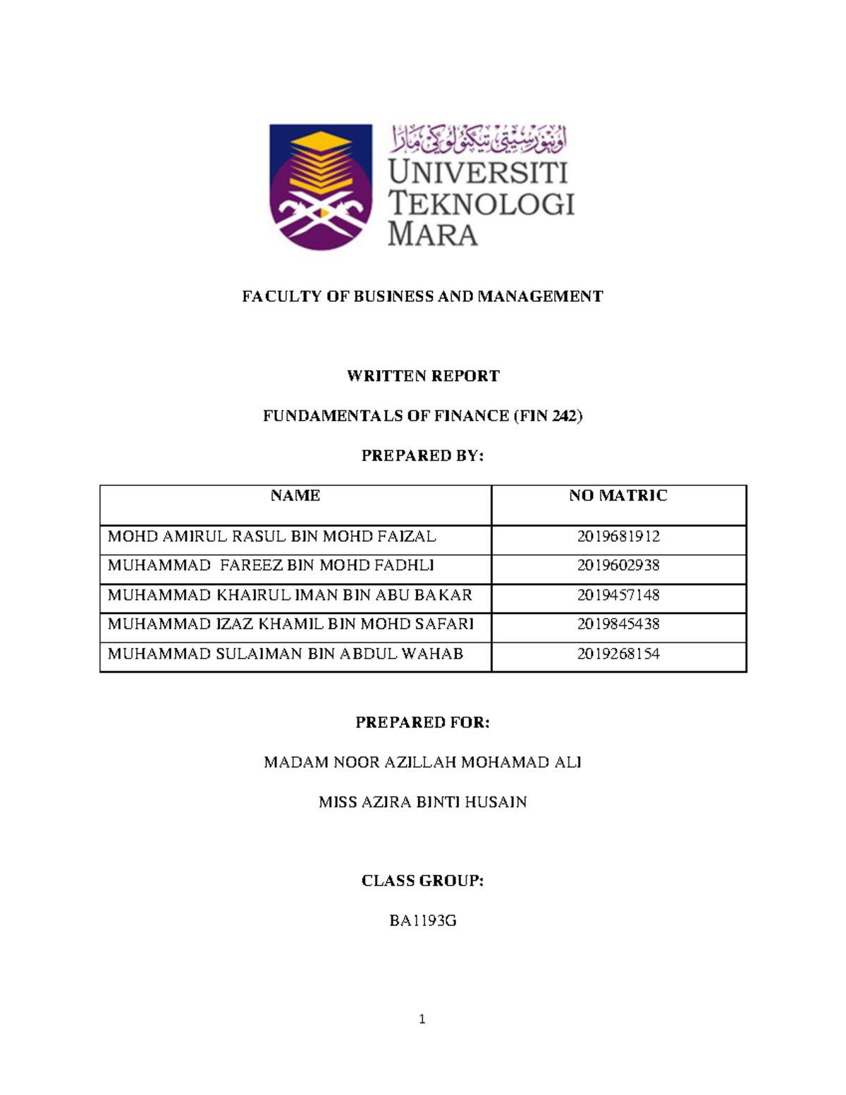 FIN242 Report - Grade: B - FACULTY OF BUSINESS AND MANAGEMENT WRITTEN ...