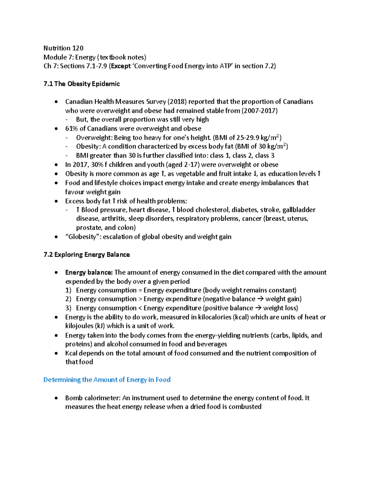 Nutrition 120 Module 7 Textbook Notes - Nutrition 120 Module 7: Energy ...