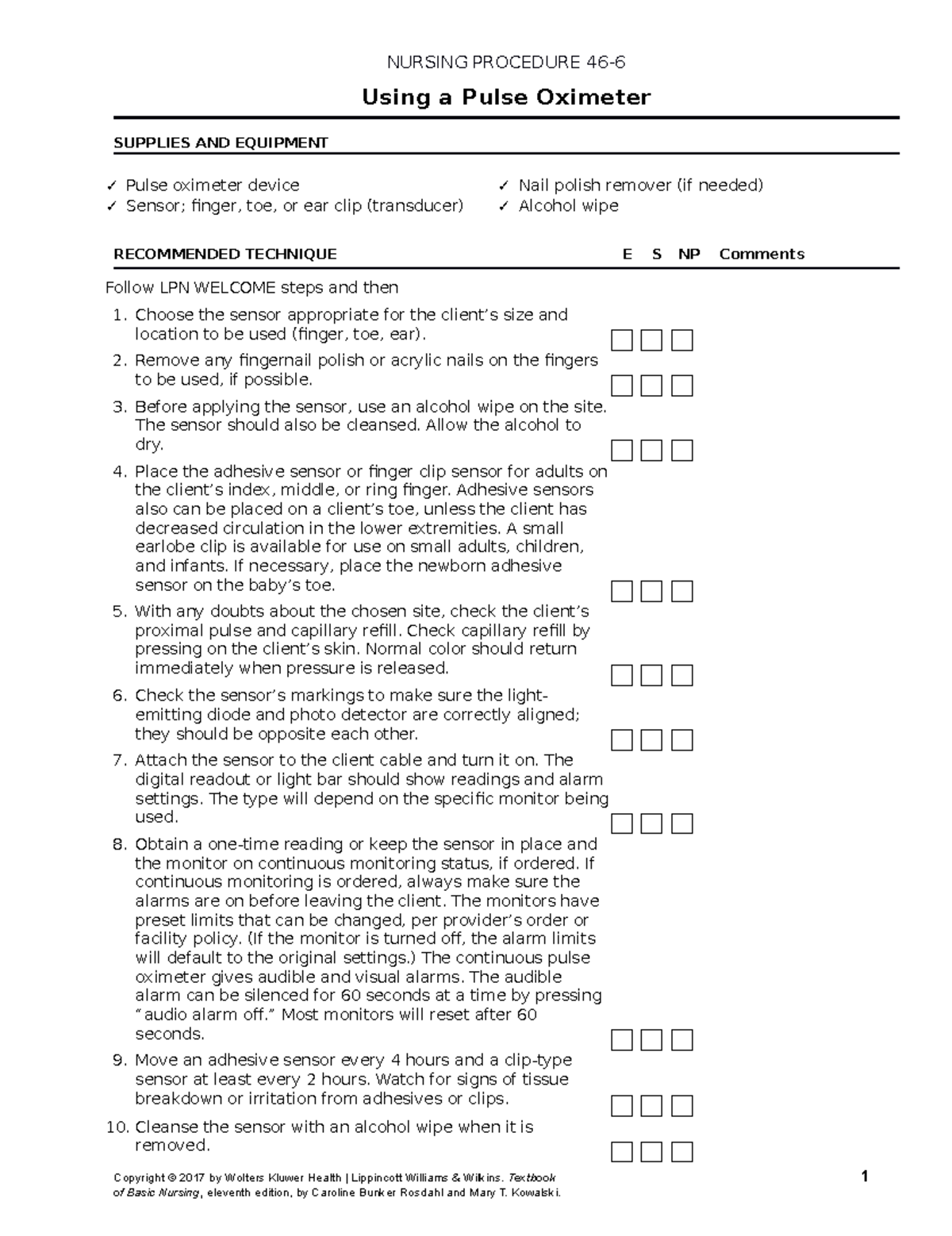 Procedure 466 Using a Pulse Oximeter NURSING PROCEDURE 46 Using a