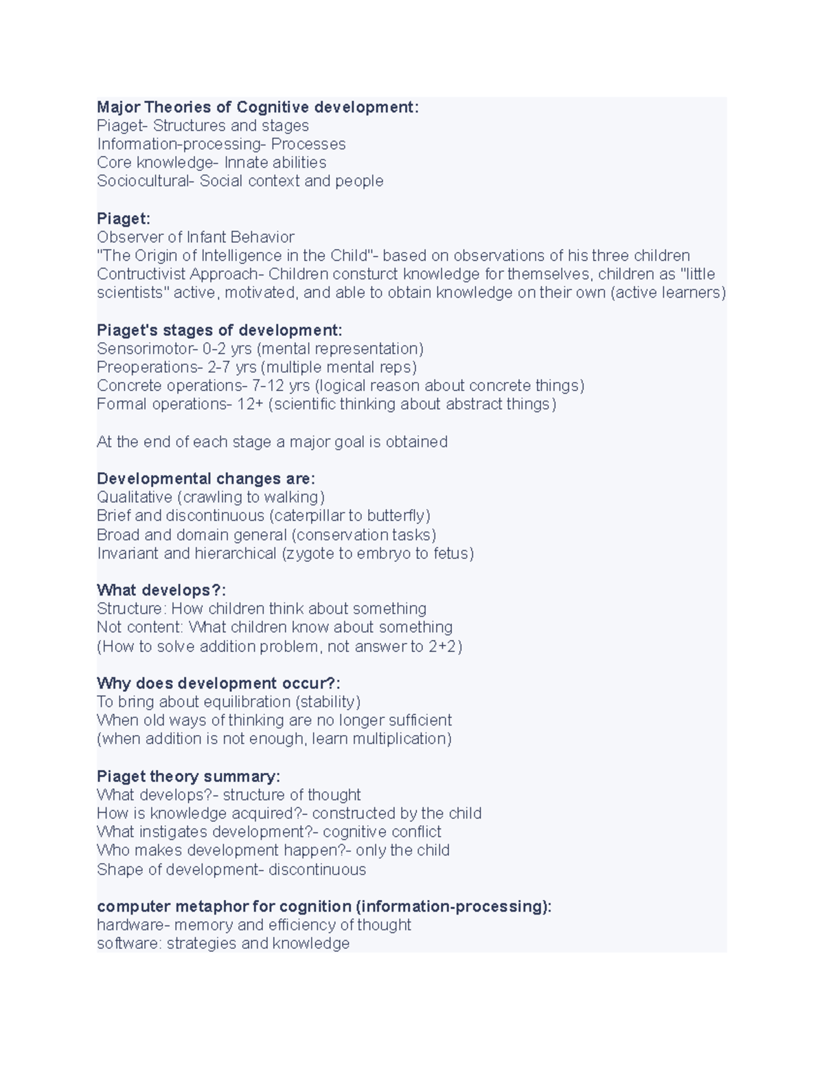 Developmental psychology test 3 notes Major Theories of