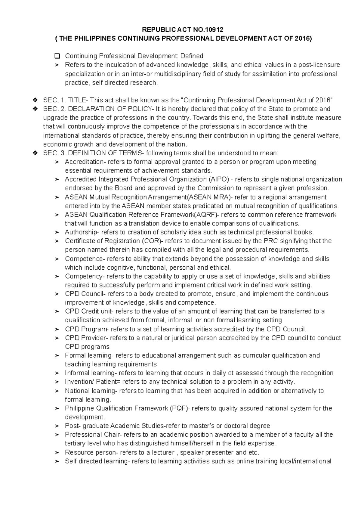 CPD Act of 2016 - legal pharmacy - REPUBLIC ACT NO. ( THE PHILIPPINES ...