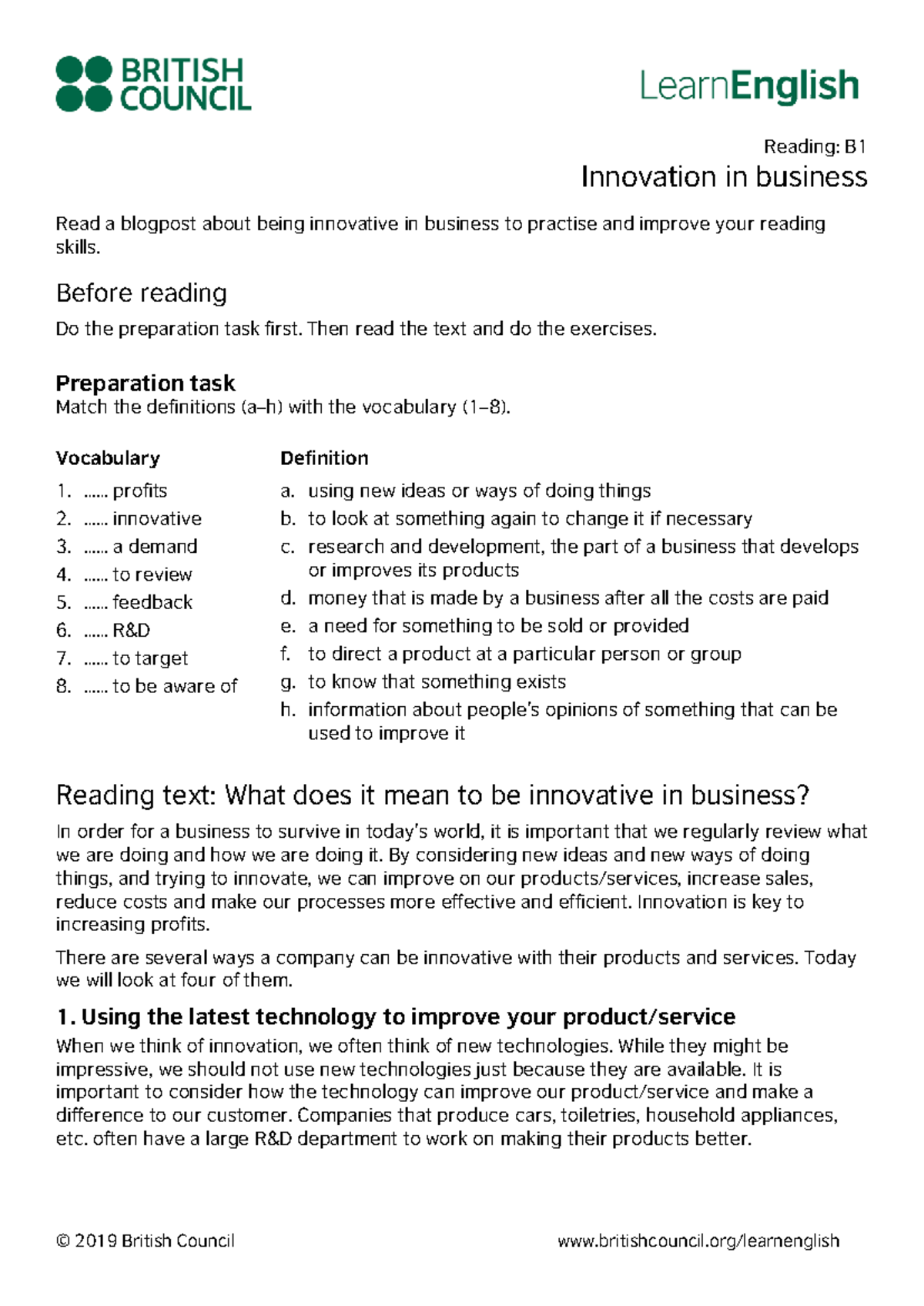 Learn English Reading B1 Innovation In Business - Reading: B Innovation ...